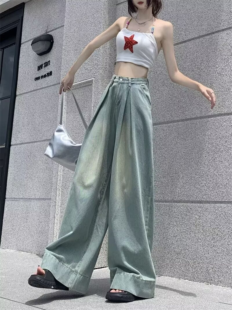 Vintage distressed loose jeans women's 2025 spring and autumn new American style high street wide leg high waist straight trousers