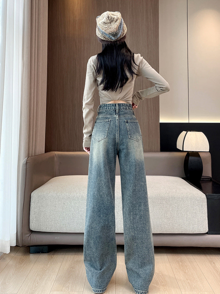 High Waist Retro Wide Leg Jeans Women's 2025 New Pocket Slimming Loose Small Straight Pants