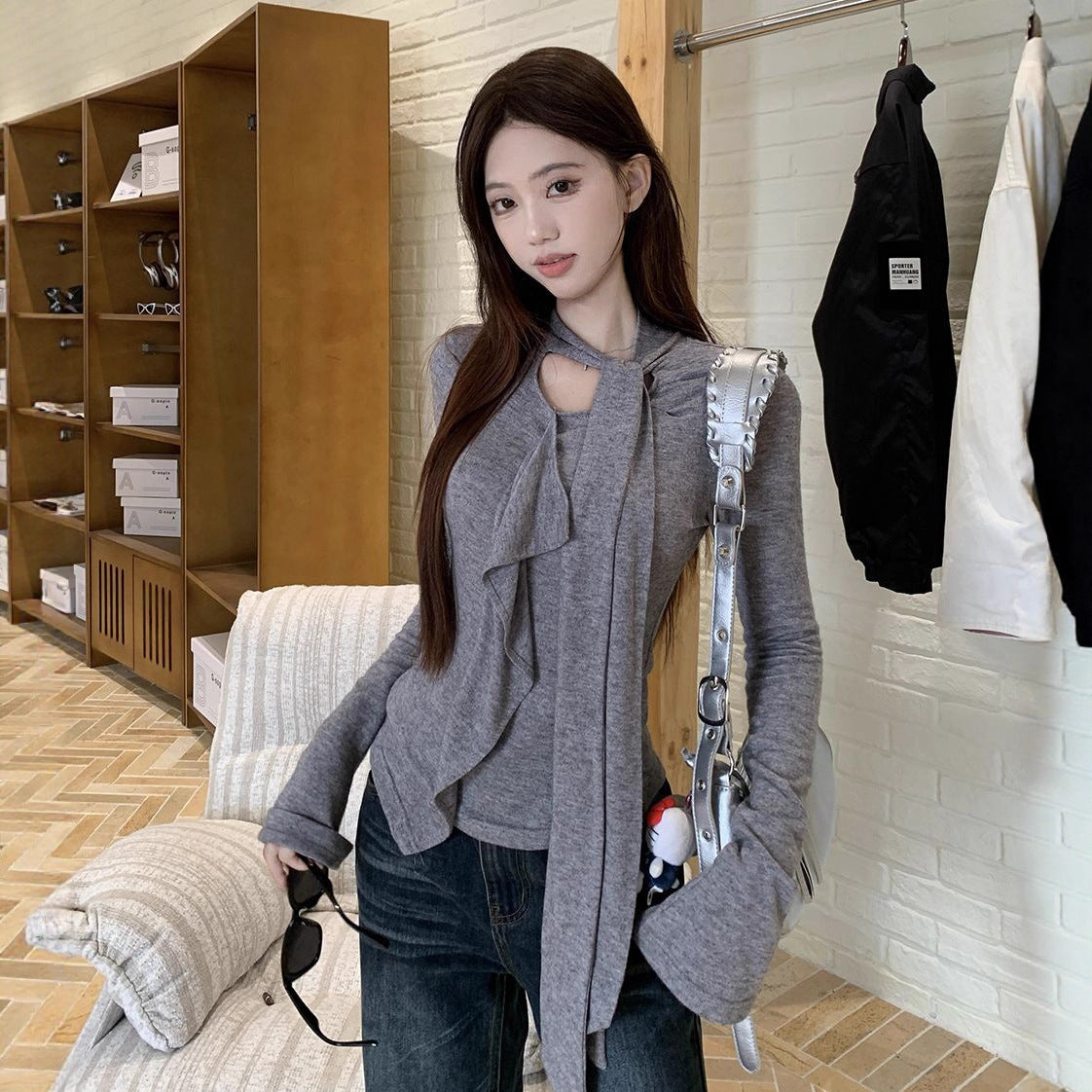 Autumn Ruffled Ribbon Long-Sleeved T-Shirt for Women 2025 New Design Slimming Look Chic Chic Top Trendy