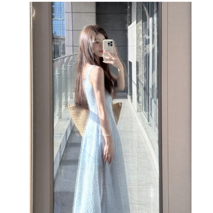French Blue Square Neck Suspender Dress for Women Summer Seaside Vacation Elegant High-End Waist Slimming Fluffy Long Skirt