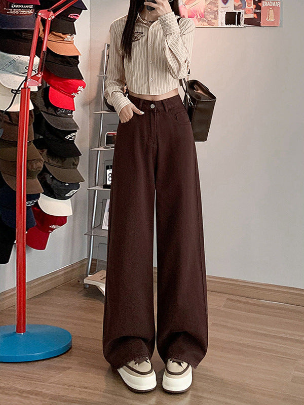 High Waist Loose Slimming plus size 2024 Autumn and Winter New Brown brown Narrow Wide Leg Jeans Women's Straight Pants