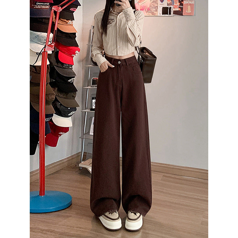 High Waist Loose Slimming plus size 2024 Autumn and Winter New Brown brown Narrow Wide Leg Jeans Women's Straight Pants