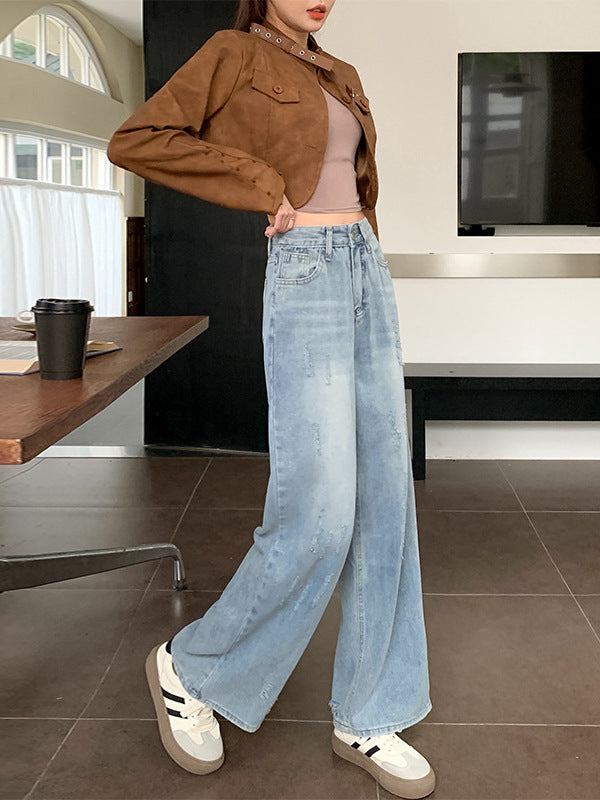 American Style Retro Wide Leg Jeans Women's 2024 Autumn New Design Sense Loose Slimming Vertical Straight Pants