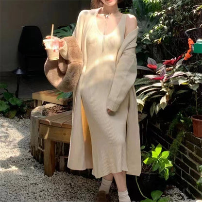 2025 Autumn/Winter New Style Elegant Slimming Loose Long Knitted Cardigan Jacket + Camisole Dress Two-Piece Set