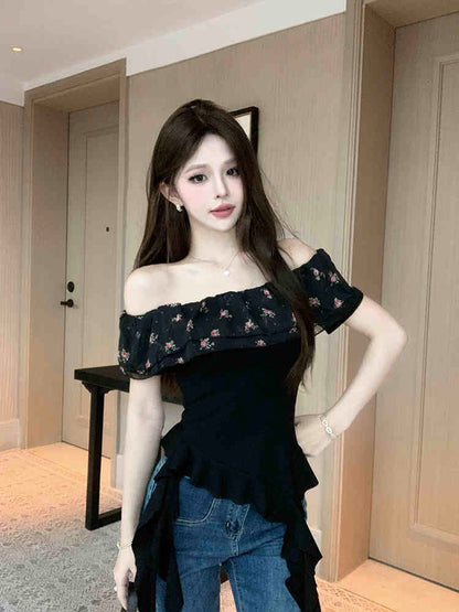 French-style Ruffled Shoulder Top Women's Summer Design Irregular Hot Girl Slim-fit Short Stylishly Short-sleeved T-shirt