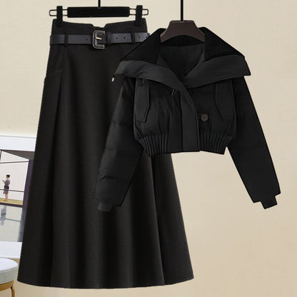 Winter wear small cotton-padded jacket coat with a set of new autumn and winter thick wool skirt two-piece suit