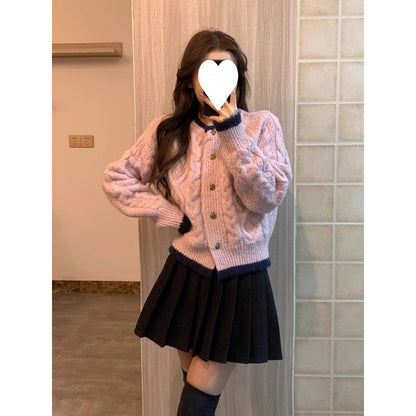 Spring and Autumn Pink Gentle Retro Mahaired Twist Sweater Women's Cardigan Soft Waxy Contrast Lazy Knitted Coat Top