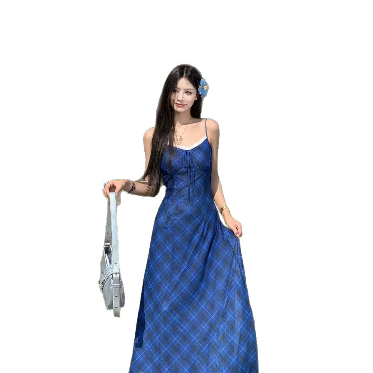 New French Retro Blue Summer Suspender Dress for Women, Slim Plaid New Style, Slimming and Super Fairy Skirt