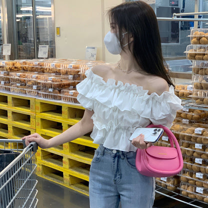 French Ruffled One-Shoulder Short-Sleeved Shirt for Women, Summer Design, Niche Short Style, Unique and Chic Hot Girl Top