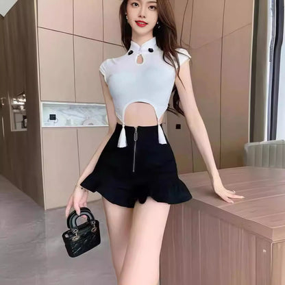 Design Sense Black Ruffled Casual Shorts Women's 2024 Summer New High Waist Slim-fit Slimming Age-reducing Pants Korean