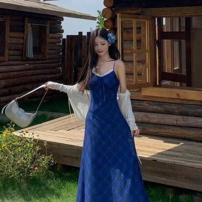 New French Retro Blue Summer Suspender Dress for Women, Slim Plaid New Style, Slimming and Super Fairy Skirt