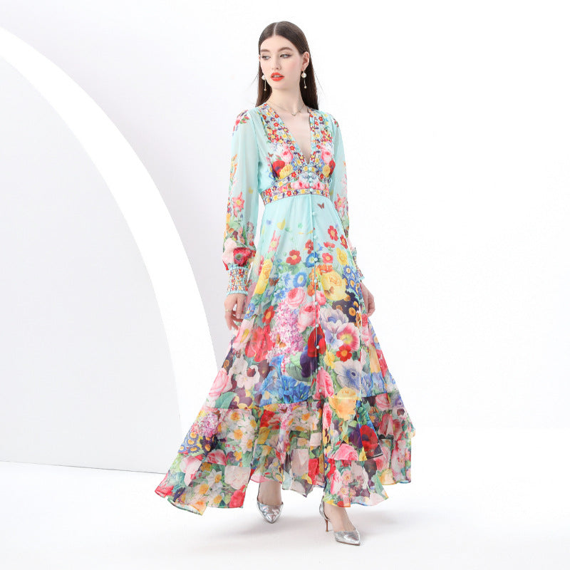 2025 early spring-retro deep collar lantern sleeve wave edge wide swing painted printing long dress