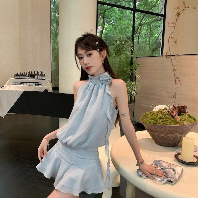 Halter Neck Dress for Women, Summer Sleeveless Short Dress for Tall Women, French Hot Girl Design, Elegant Striped Blue Dress