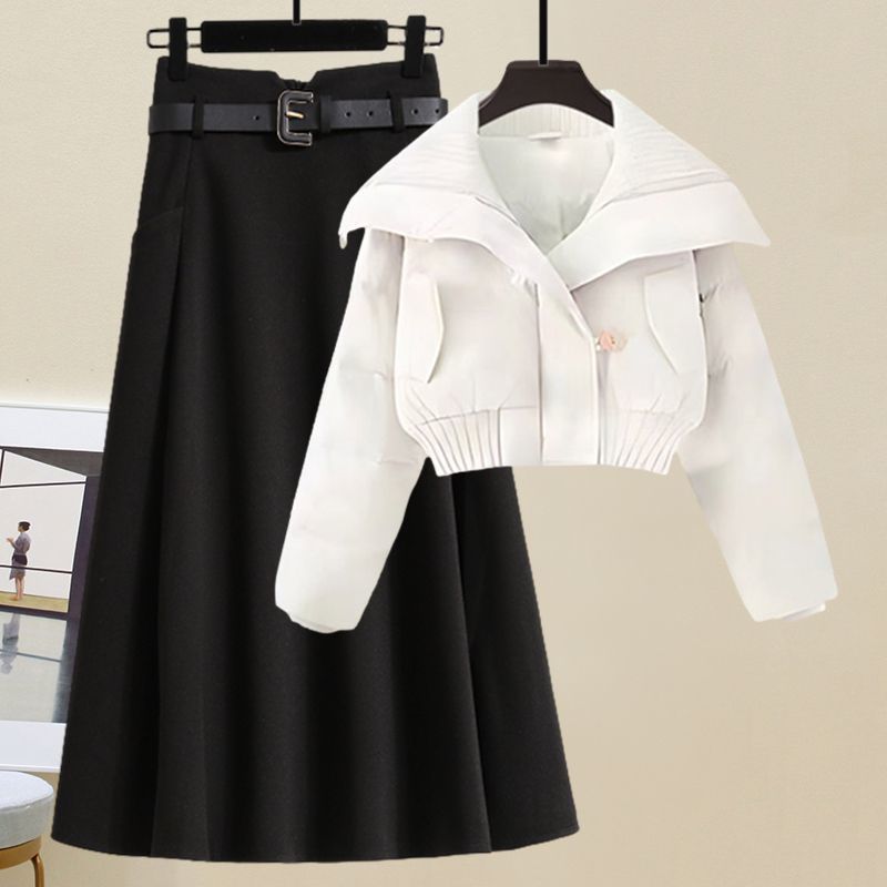 Winter wear small cotton-padded jacket coat with a set of new autumn and winter thick wool skirt two-piece suit