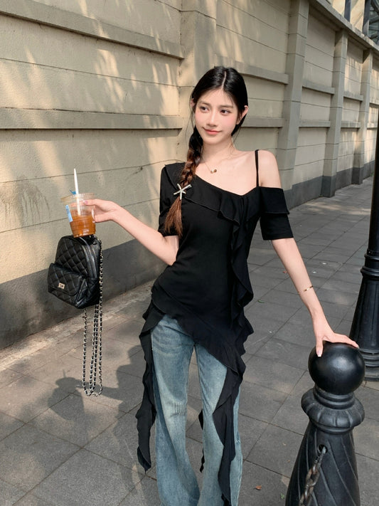 Sweet Girl Off-Shoulder Ruffled Ribbon Black Short-Sleeved T-Shirt Women's Summer Design Slimming Look and Chic Top