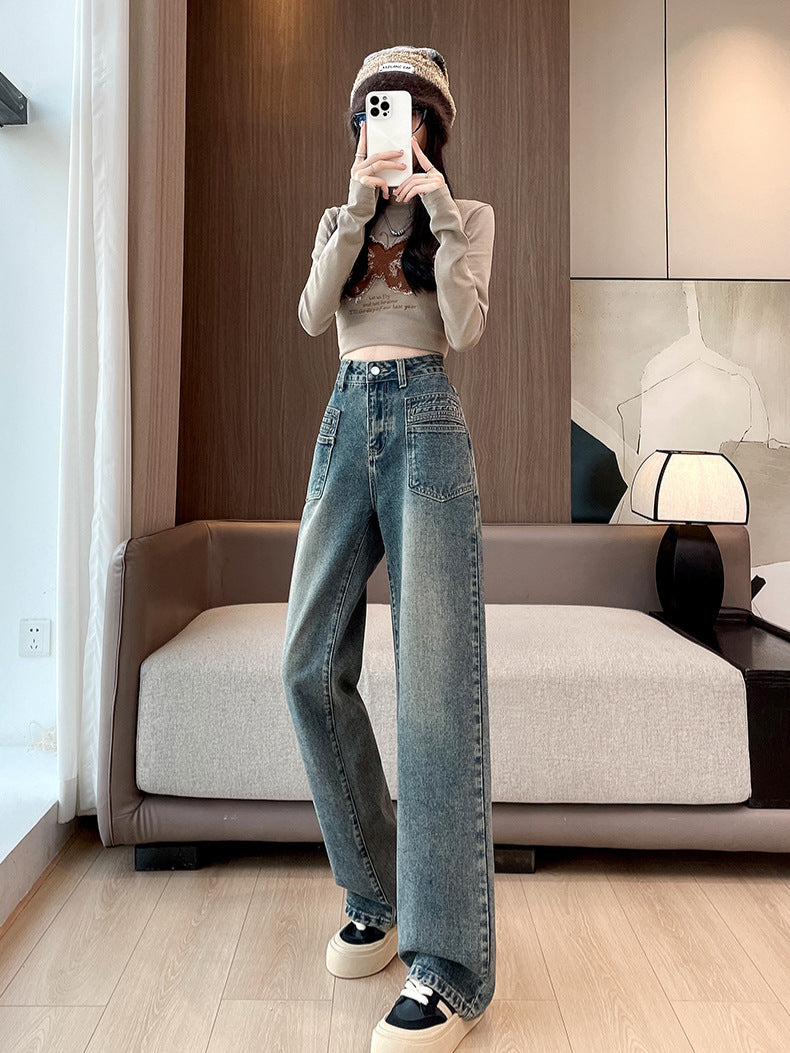 High Waist Retro Wide Leg Jeans Women's 2025 New Pocket Slimming Loose Small Straight Pants