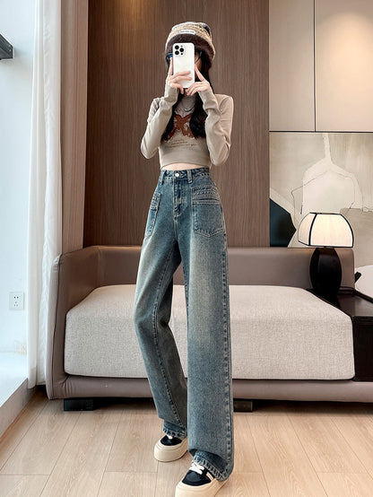 High Waist Retro Wide Leg Jeans Women's 2025 New Pocket Slimming Loose Small Straight Pants