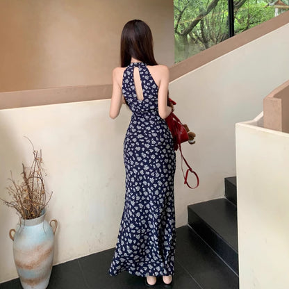 French Blue V-Neck Floral Neck Hanging Strap dress Women's 2025 Summer New Seaside Holiday Style Midi Dress