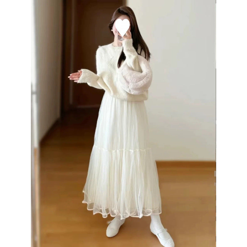 Early autumn salt series light mature high-end wear with a set of wool sweater mesh skirt two-piece suit for women