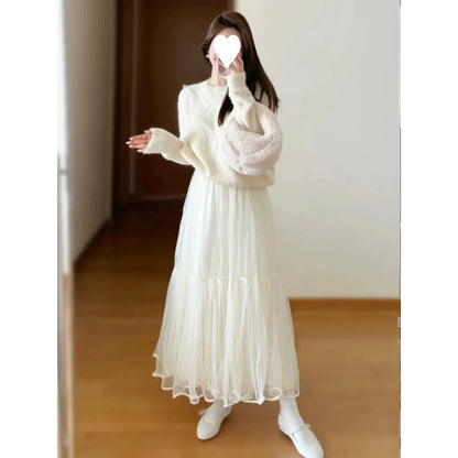 Early autumn salt series light mature high-end wear with a set of wool sweater mesh skirt two-piece suit for women