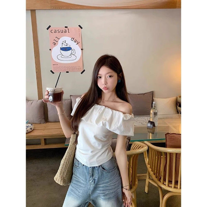 Gentle Style Pure Color Pleated One-Line Collar T-Shirt for Women 2025 Summer French Age-Reducing Ruffled Off-Shoulder Top for Women