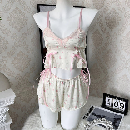 3068 Sexy Pajamas Women's Japanese-style Private Sling Chest Pad Two-piece Suit Pure Summer New Arrival Bow Skirt