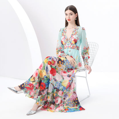 2025 early spring-retro deep collar lantern sleeve wave edge wide swing painted printing long dress