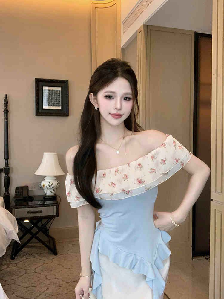 French-style Ruffled Shoulder Top Women's Summer Design Irregular Hot Girl Slim-fit Short Stylishly Short-sleeved T-shirt