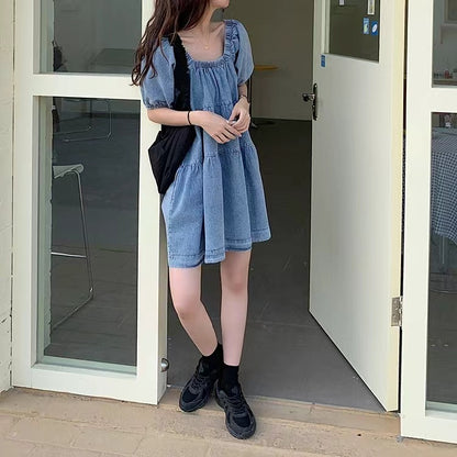 Square Collar Puff Sleeve Denim Skirt Summer and Autumn 2024 New Chic French Style Belly Covering Short Sleeve Doll dress