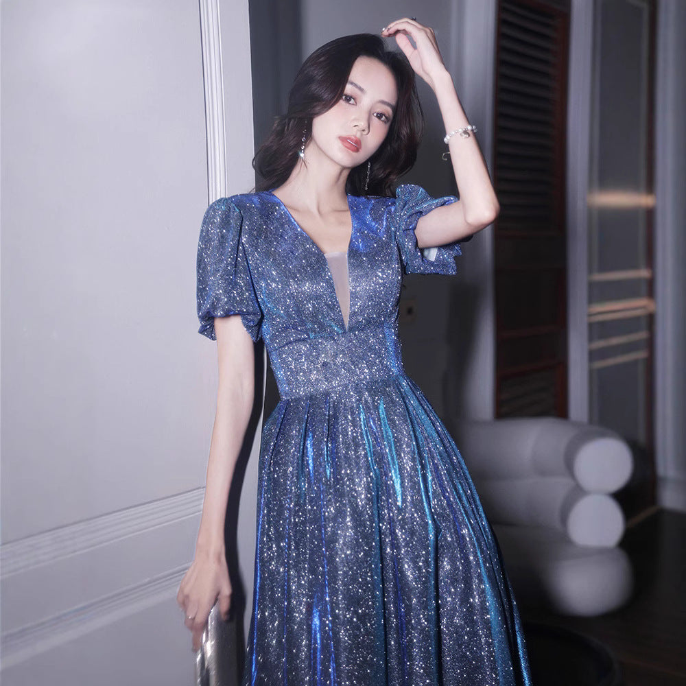 Star Evening Dress Dress Women's Banquet Elegant Princess Light Luxury Niche Toast Dress Engagement Amazing Host Autumn