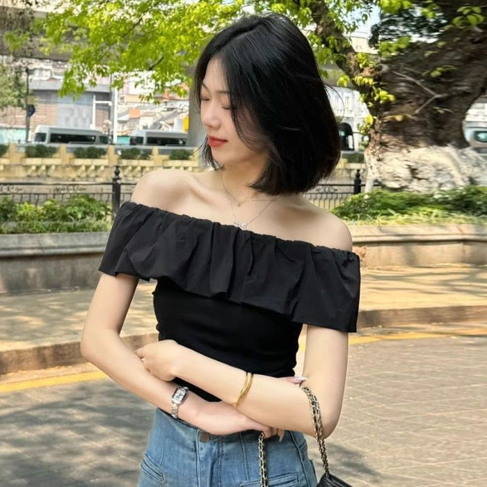 Gentle Style Pure Color Pleated One-Line Collar T-Shirt for Women 2025 Summer French Age-Reducing Ruffled Off-Shoulder Top for Women
