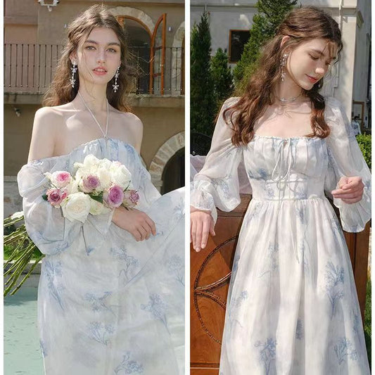Gentle style French square collar Tea break printed dress women's spring pear-shaped super fairy Mori long skirt