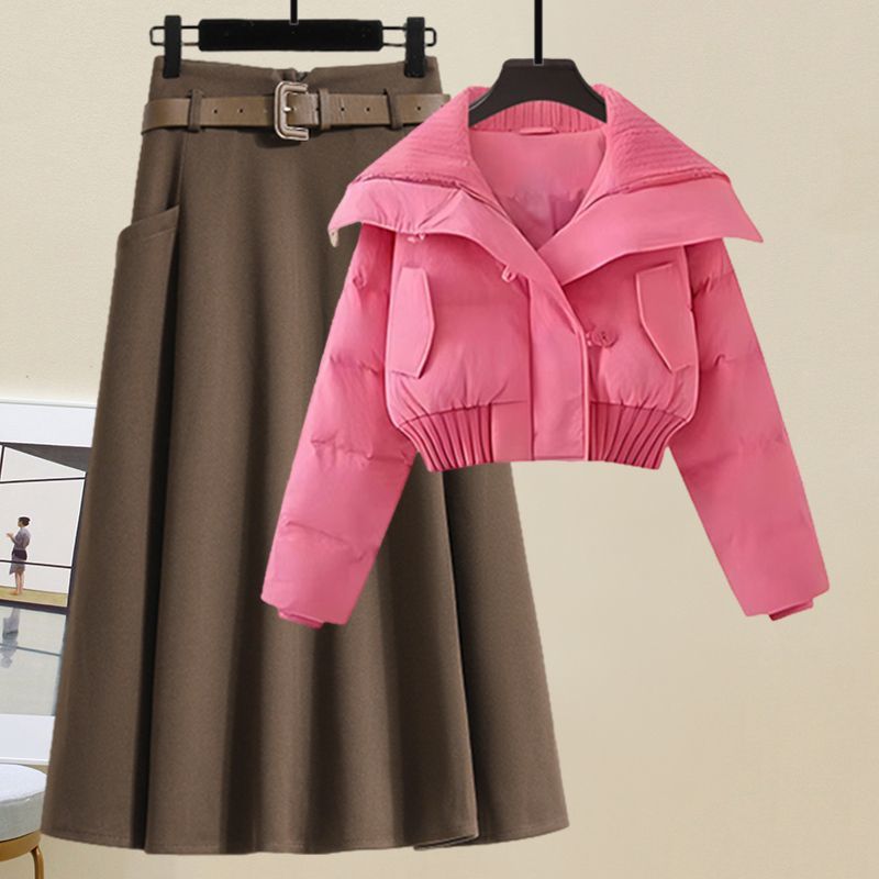 Winter wear small cotton-padded jacket coat with a set of new autumn and winter thick wool skirt two-piece suit