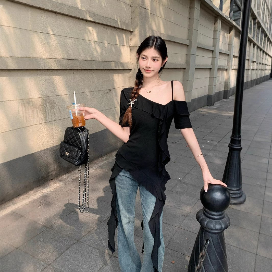 Sweet Girl Off-Shoulder Ruffled Ribbon Black Short-Sleeved T-Shirt Women's Summer Design Slimming Look and Chic Top