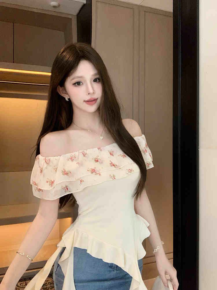 French-style Ruffled Shoulder Top Women's Summer Design Irregular Hot Girl Slim-fit Short Stylishly Short-sleeved T-shirt