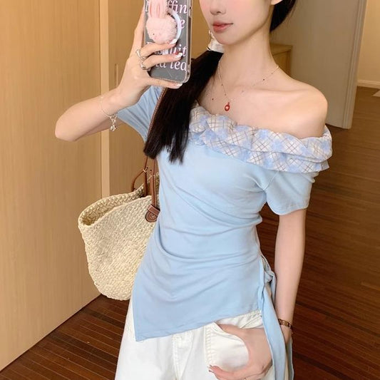 2025 French Ruffled One-Shoulder Short-Sleeved T-Shirt Female Sexy Niche Asymmetrical Slim Collarbone Women's Top