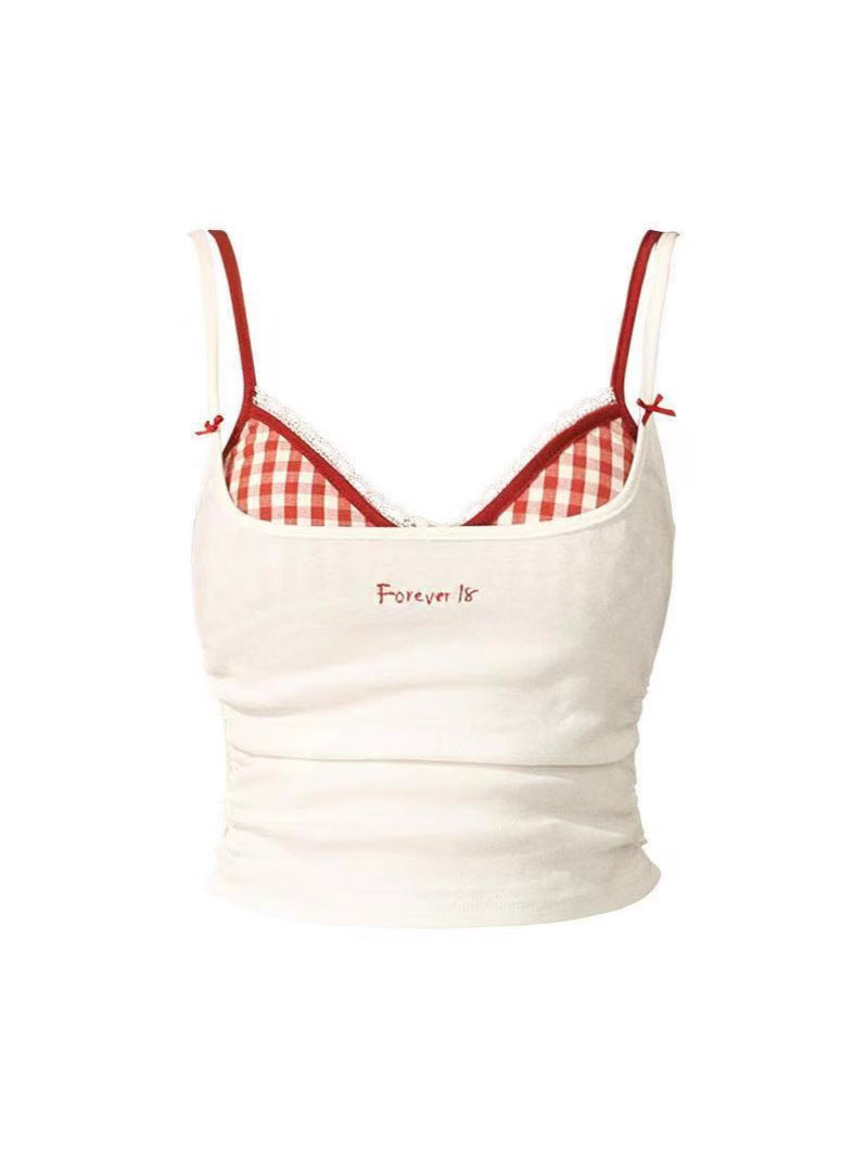 Spring and Summer Lace Plaid Corset Camisole Women's Inner 2025 Pure Desire New White Slim-fit Top with Chest Pad