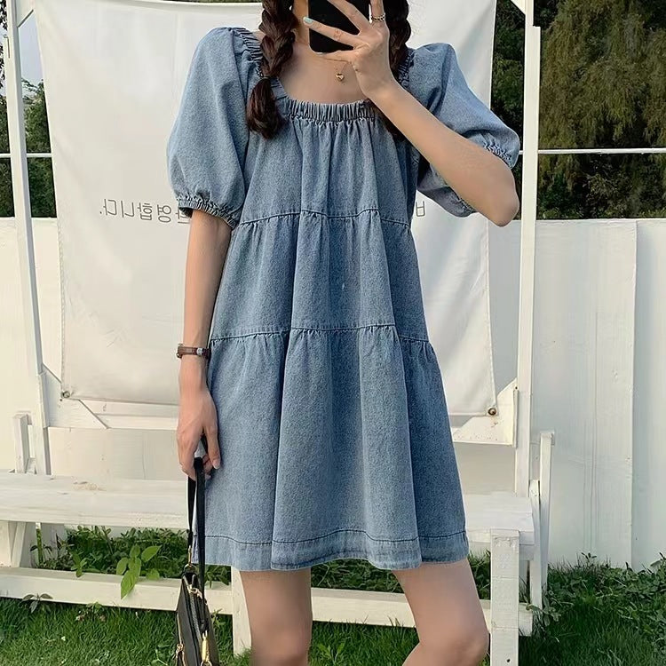 Square Collar Puff Sleeve Denim Skirt Summer and Autumn 2024 New Chic French Style Belly Covering Short Sleeve Doll dress