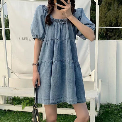 Square Collar Puff Sleeve Denim Skirt Summer and Autumn 2024 New Chic French Style Belly Covering Short Sleeve Doll dress