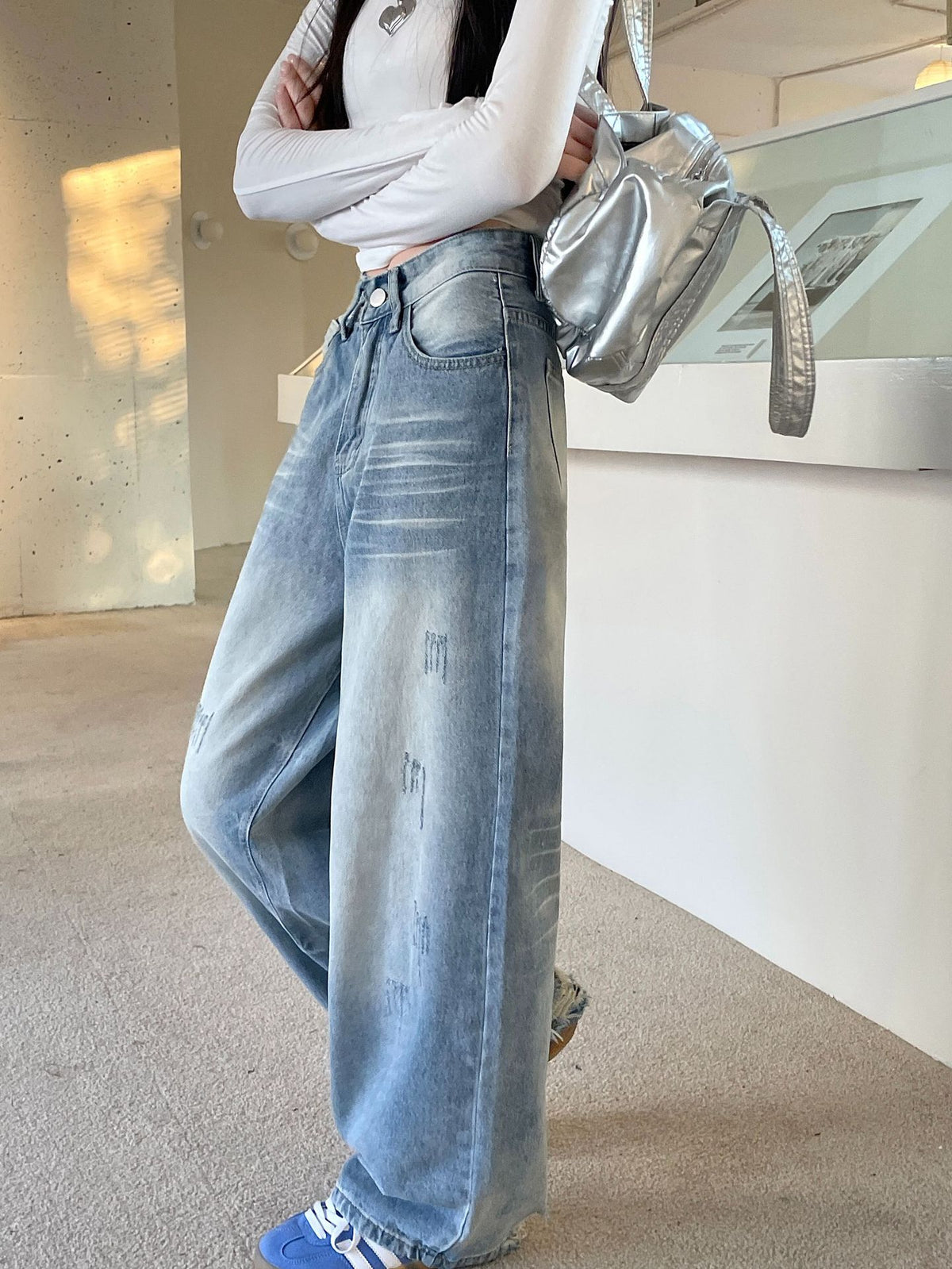 American Style High Street Women's Ripped Wide Leg Jeans Women's Autumn 2024 New High Waist Slimming Loose Straight Pants