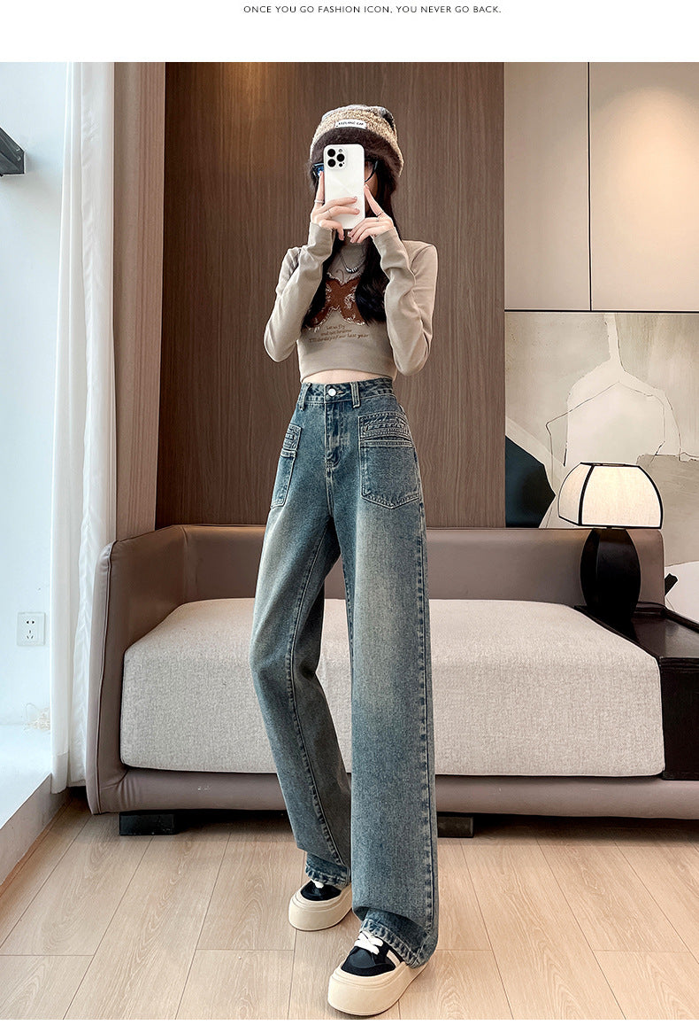 High Waist Retro Wide Leg Jeans Women's 2025 New Pocket Slimming Loose Small Straight Pants