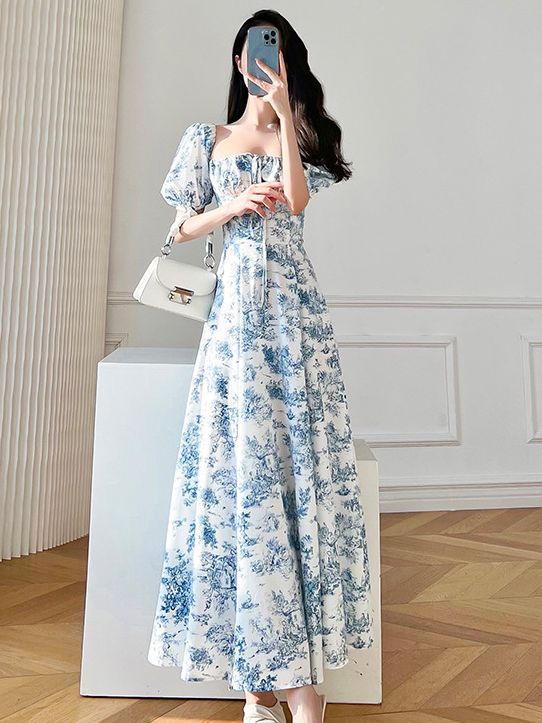 Fashionable Summer New French Style Retro Floral Square Collar Puff Sleeve Light Luxury Short Sleeve Dress Sanya Seaside Vacation