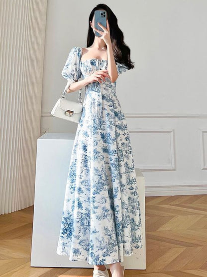 Fashionable Summer New French Style Retro Floral Square Collar Puff Sleeve Light Luxury Short Sleeve Dress Sanya Seaside Vacation