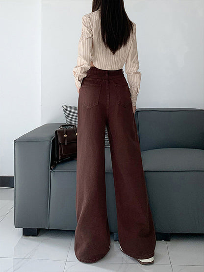 High Waist Loose Slimming plus size 2024 Autumn and Winter New Brown brown Narrow Wide Leg Jeans Women's Straight Pants