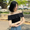 Gentle Style Pure Color Pleated One-Line Collar T-Shirt for Women 2025 Summer French Age-Reducing Ruffled Off-Shoulder Top for Women