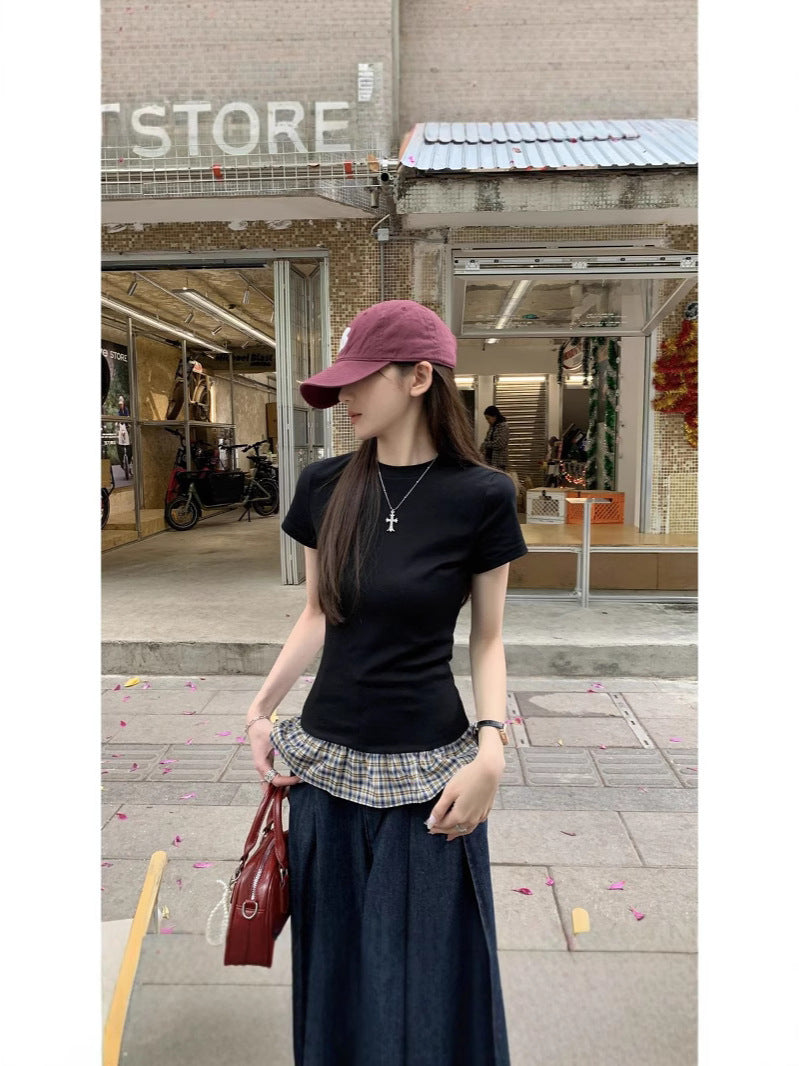 Pure Lust Black Plaid Splicing Skirt Short-Sleeved T-Shirt for Women Summer Miu Sexy Beautiful Slim Round Neck Top