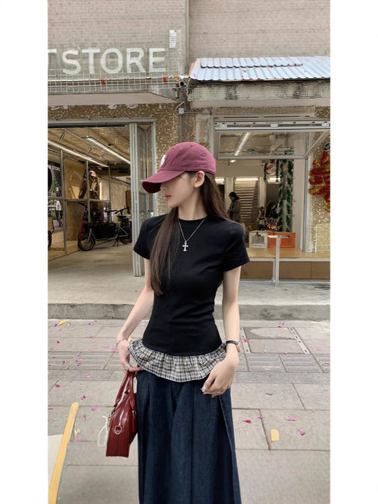 Pure Lust Black Plaid Splicing Skirt Short-Sleeved T-Shirt for Women Summer Miu Sexy Beautiful Slim Round Neck Top