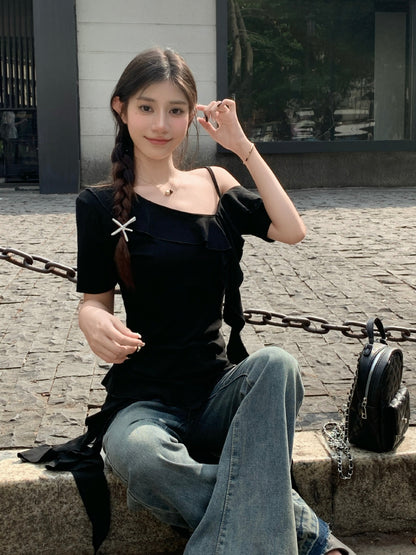 Sweet Girl Off-Shoulder Ruffled Ribbon Black Short-Sleeved T-Shirt Women's Summer Design Slimming Look and Chic Top