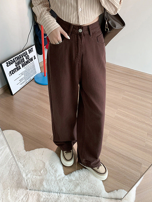 High Waist Loose Slimming plus size 2024 Autumn and Winter New Brown brown Narrow Wide Leg Jeans Women's Straight Pants