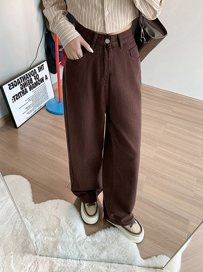 High Waist Loose Slimming plus size 2024 Autumn and Winter New Brown brown Narrow Wide Leg Jeans Women's Straight Pants
